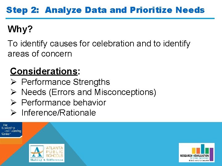 Step 2: Analyze Data and Prioritize Needs Why? To identify causes for celebration and