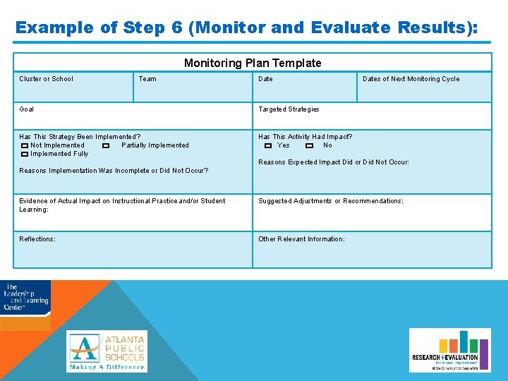 Example of Step 6 (Monitor and Evaluate Results): Monitoring Plan Template Cluster or School