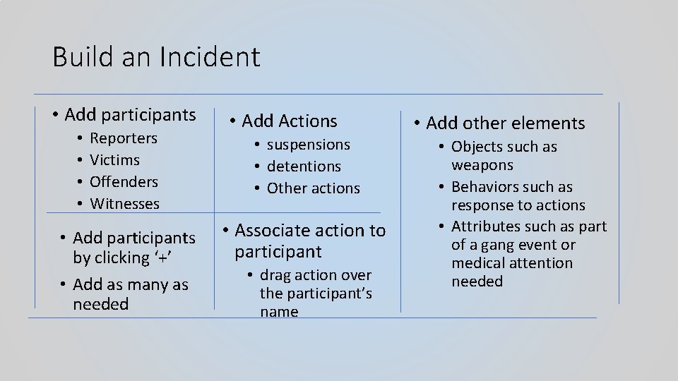 Build an Incident • Add participants • • Reporters Victims Offenders Witnesses • Add