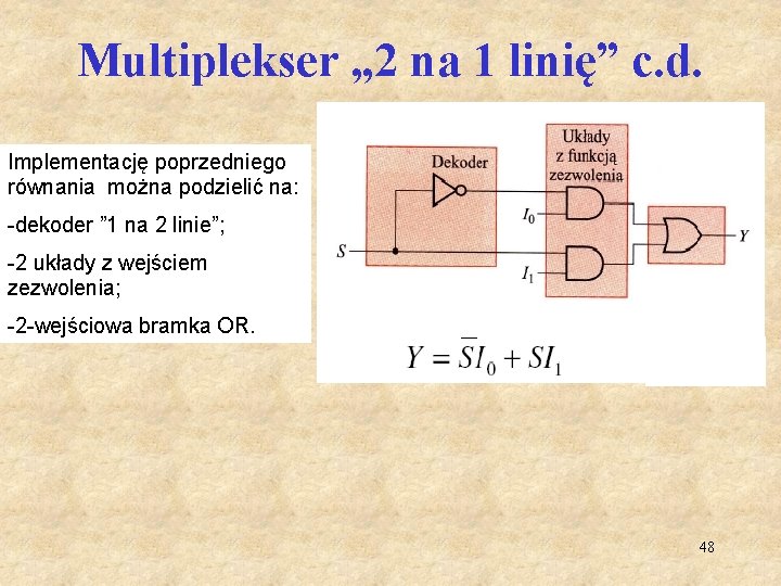 Multiplekser „ 2 na 1 linię” c. d. Implementację poprzedniego równania można podzielić na: