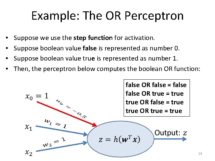 Example: The OR Perceptron • • Suppose we use the step function for activation.