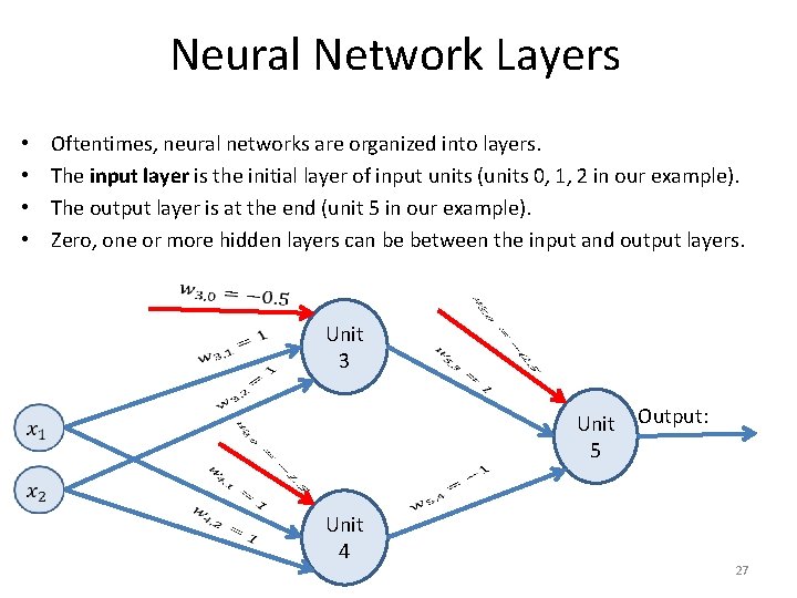 Neural Network Layers • • Oftentimes, neural networks are organized into layers. The input