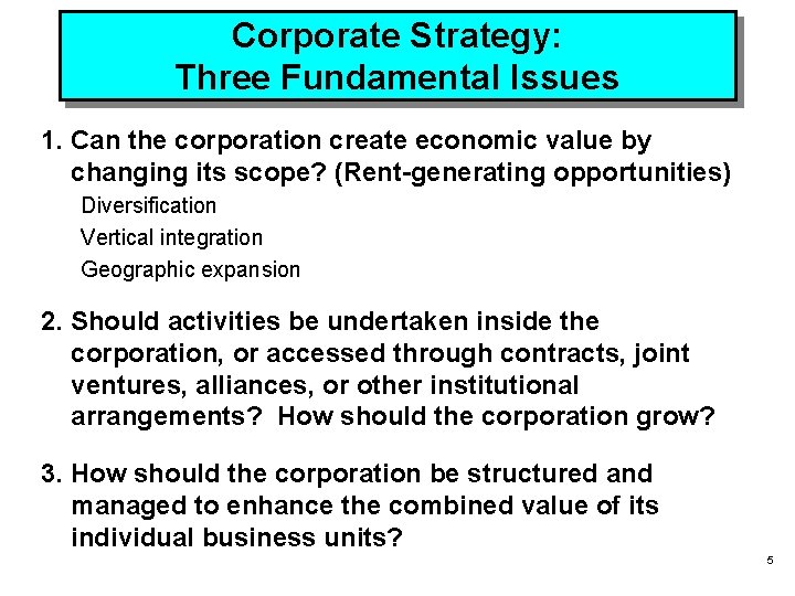 Corporate Strategy: Three Fundamental Issues 1. Can the corporation create economic value by changing