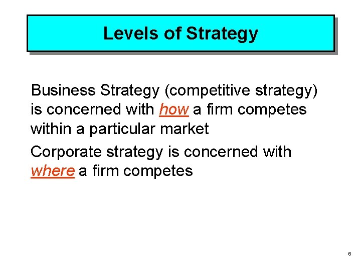 Levels of Strategy Business Strategy (competitive strategy) is concerned with how a firm competes