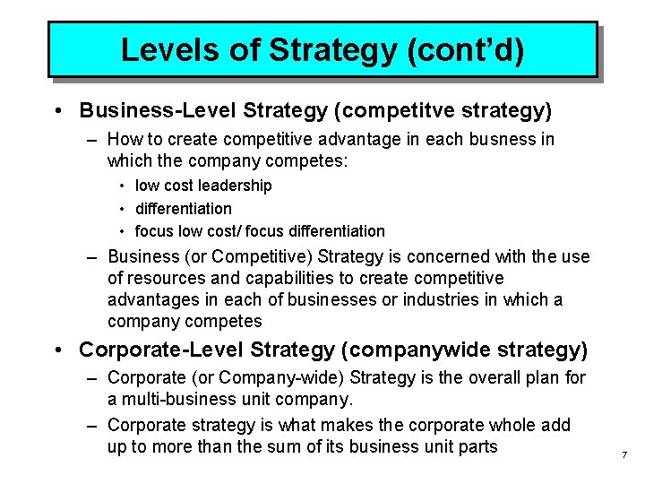 Levels of Strategy (cont’d) • Business-Level Strategy (competitve strategy) – How to create competitive