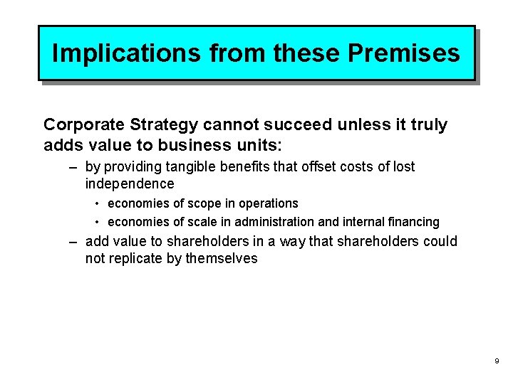 Implications from these Premises Corporate Strategy cannot succeed unless it truly adds value to