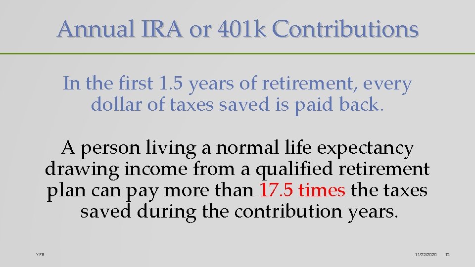 Annual IRA or 401 k Contributions In the first 1. 5 years of retirement,
