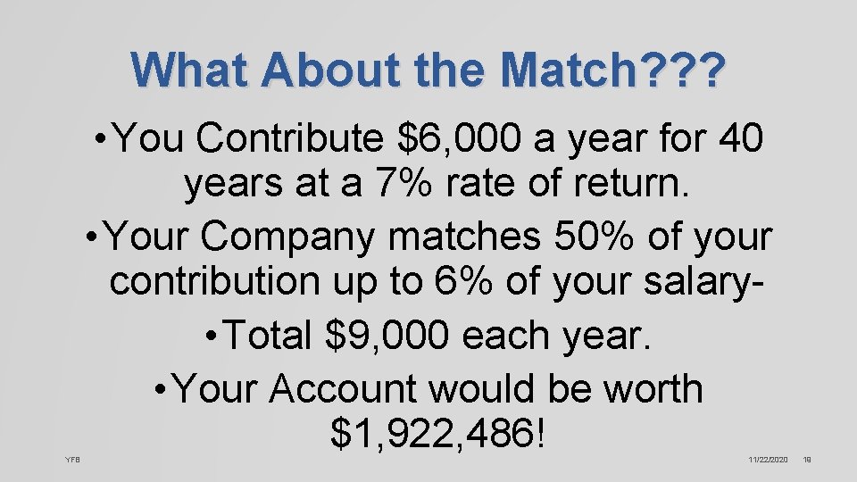 What About the Match? ? ? YFB • You Contribute $6, 000 a year