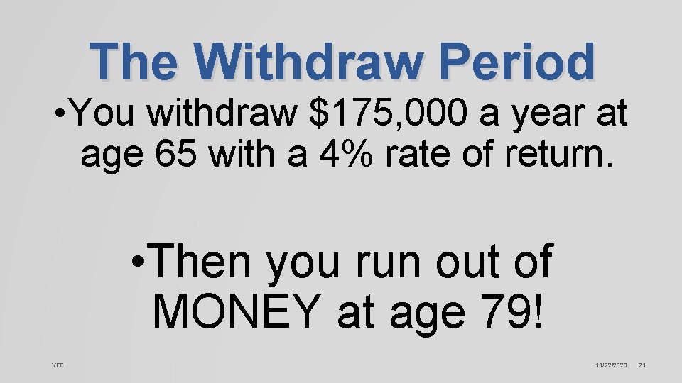The Withdraw Period • You withdraw $175, 000 a year at age 65 with