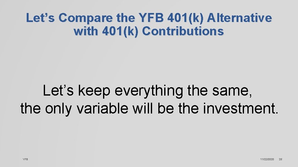 Let’s Compare the YFB 401(k) Alternative with 401(k) Contributions Let’s keep everything the same,