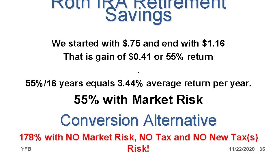 Roth IRA Retirement Savings We started with $. 75 and end with $1. 16