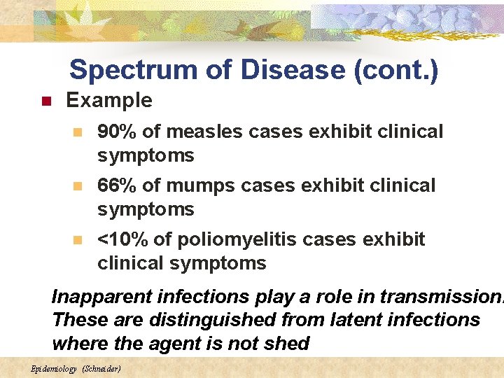 Spectrum of Disease (cont. ) n Example n 90% of measles cases exhibit clinical