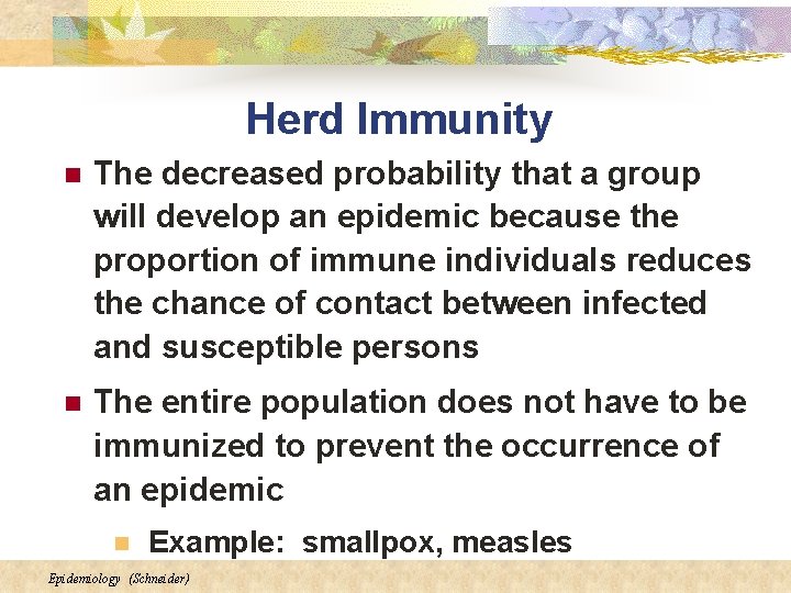 Herd Immunity n The decreased probability that a group will develop an epidemic because