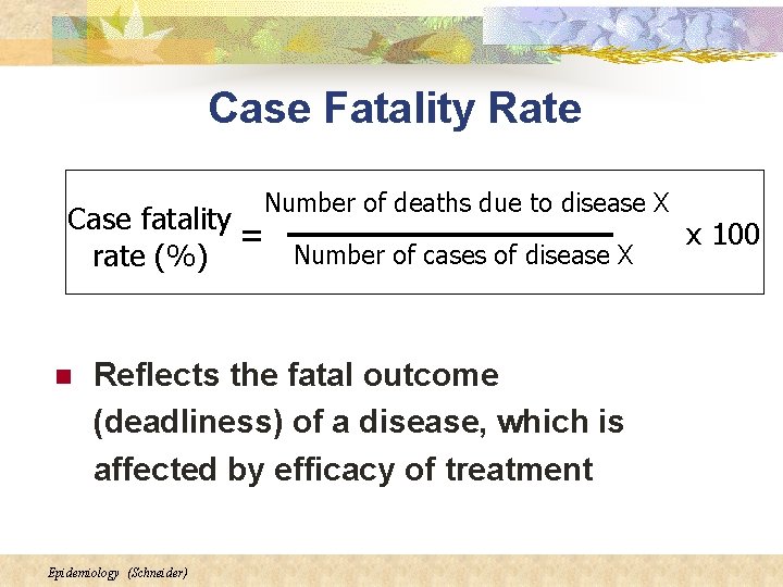 Case Fatality Rate Number of deaths due to disease X Case fatality = Number