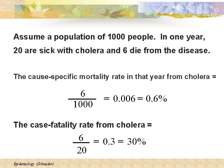 Assume a population of 1000 people. In one year, 20 are sick with cholera