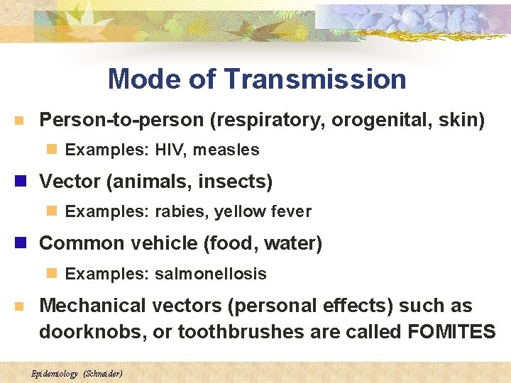 Mode of Transmission n Person-to-person (respiratory, orogenital, skin) n Examples: HIV, measles n Vector