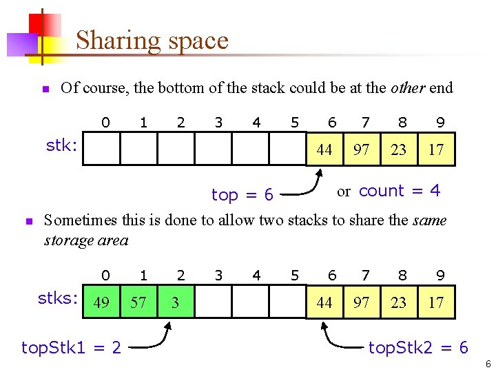 Sharing space n Of course, the bottom of the stack could be at the