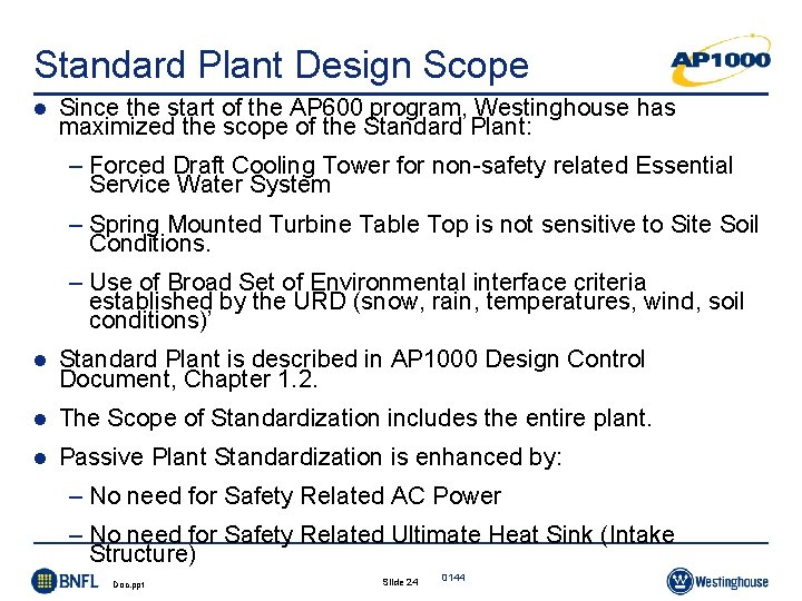 Standard Plant Design Scope l Since the start of the AP 600 program, Westinghouse Standard Plant Design Scope l Since the start of the AP 600 program, Westinghouse