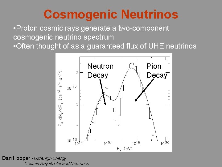 Cosmogenic Neutrinos • Proton cosmic rays generate a two-component cosmogenic neutrino spectrum • Often