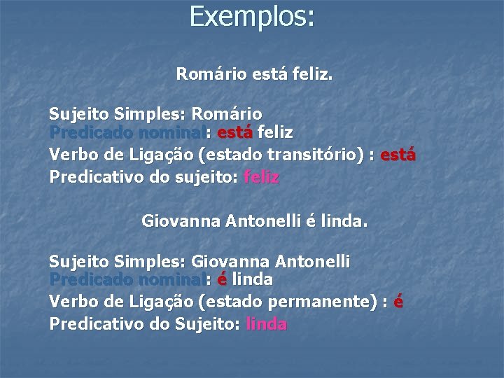 Exemplos: Romário está feliz. Sujeito Simples: Romário Predicado nominal: está feliz Verbo de Ligação Exemplos: Romário está feliz. Sujeito Simples: Romário Predicado nominal: está feliz Verbo de Ligação