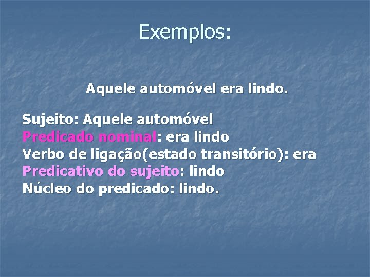 Exemplos: Aquele automóvel era lindo. Sujeito: Aquele automóvel Predicado nominal: era lindo Verbo de Exemplos: Aquele automóvel era lindo. Sujeito: Aquele automóvel Predicado nominal: era lindo Verbo de