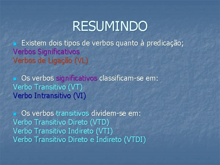 RESUMINDO Existem dois tipos de verbos quanto à predicação; Verbos Significativos Verbos de Ligação RESUMINDO Existem dois tipos de verbos quanto à predicação; Verbos Significativos Verbos de Ligação