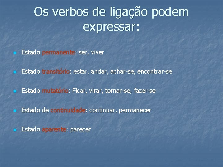 Os verbos de ligação podem expressar: n Estado permanente: ser, viver n Estado transitório: Os verbos de ligação podem expressar: n Estado permanente: ser, viver n Estado transitório: