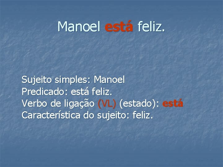 Manoel está feliz. Sujeito simples: Manoel Predicado: está feliz. Verbo de ligação (VL) (estado): Manoel está feliz. Sujeito simples: Manoel Predicado: está feliz. Verbo de ligação (VL) (estado):