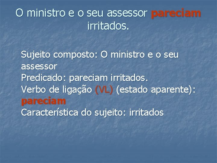 O ministro e o seu assessor pareciam irritados. Sujeito composto: O ministro e o O ministro e o seu assessor pareciam irritados. Sujeito composto: O ministro e o