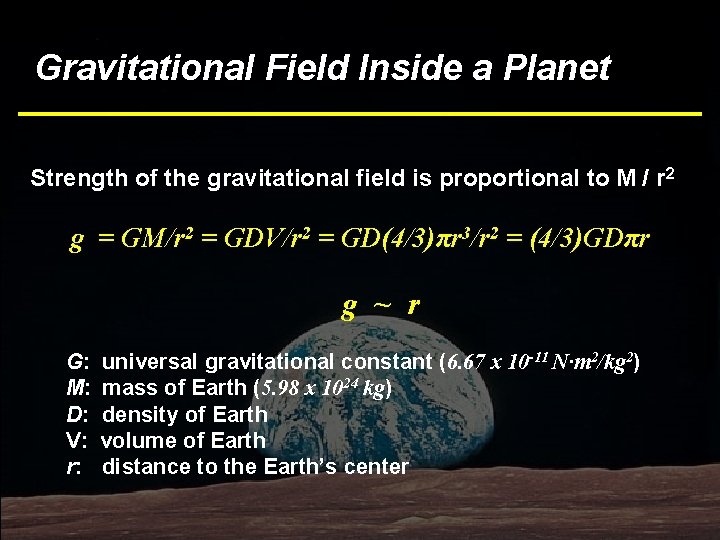 Gravitational Field Inside a Planet Strength of the gravitational field is proportional to M