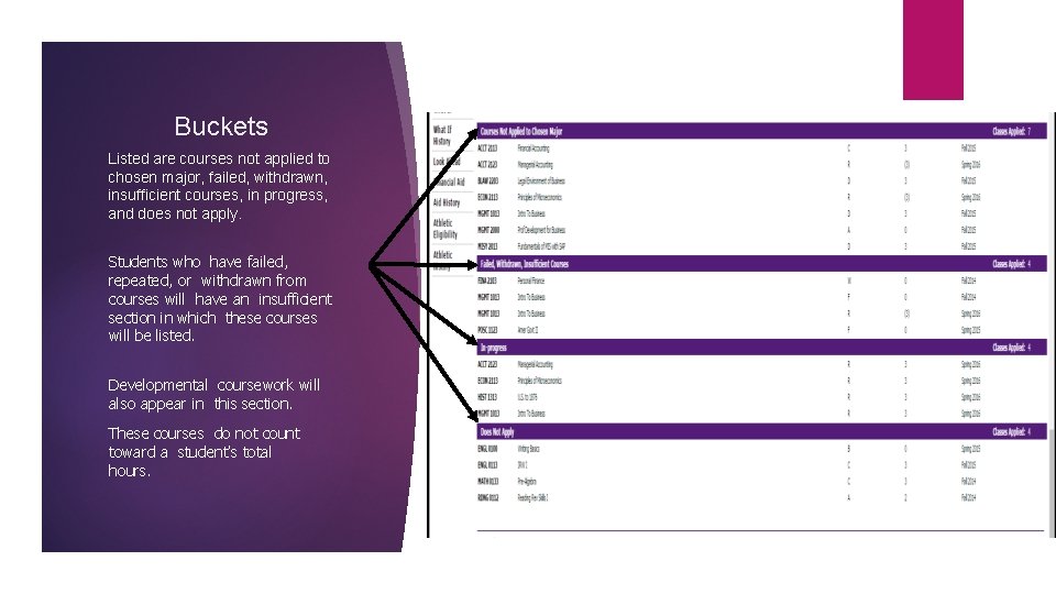 Buckets Listed are courses not applied to chosen major, failed, withdrawn, insufficient courses, in