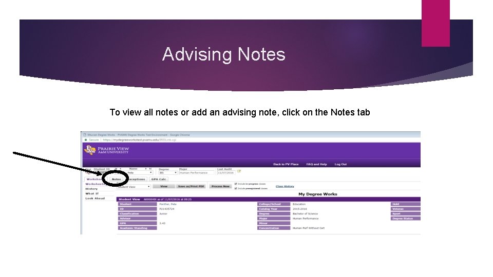 Advising Notes To view all notes or add an advising note, click on the