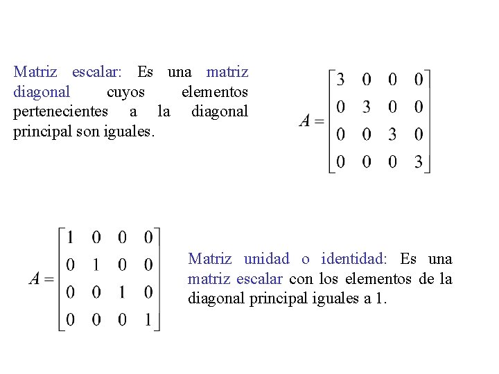 Matriz escalar: Es una matriz diagonal cuyos elementos pertenecientes a la diagonal principal son