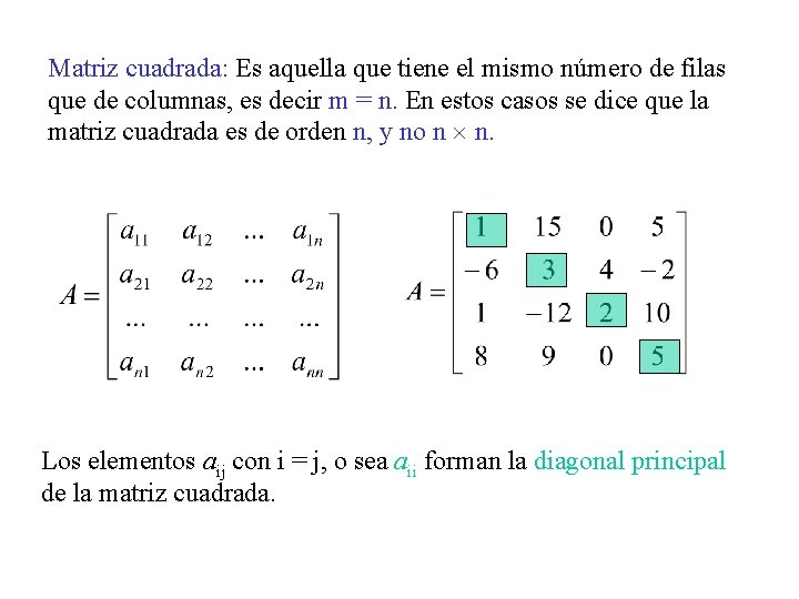Matriz cuadrada: Es aquella que tiene el mismo número de filas que de columnas,