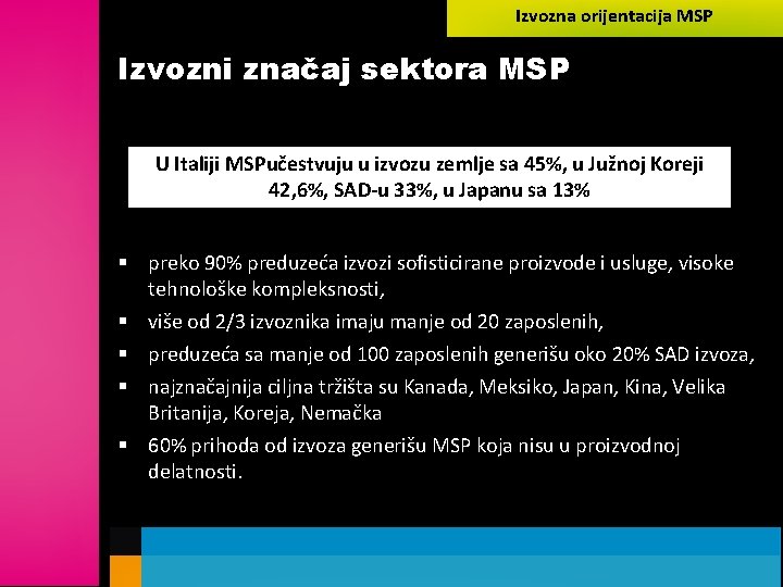 Izvozna orijentacija MSP Izvozni značaj sektora MSP U Italiji MSPučestvuju u izvozu zemlje sa