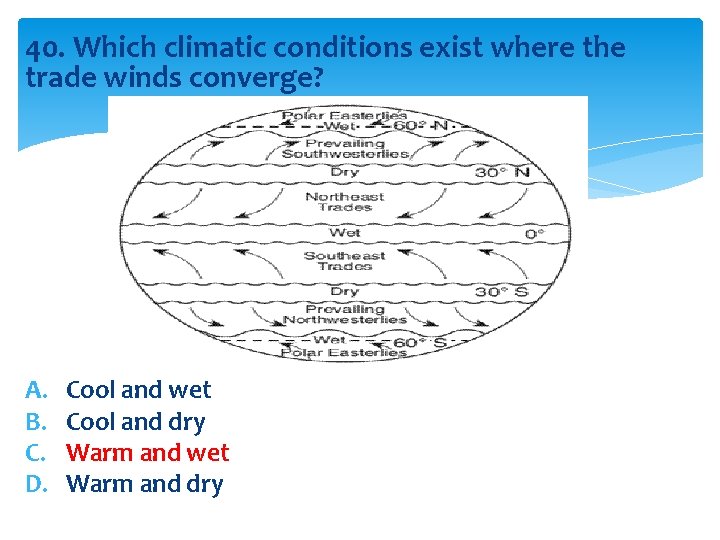 40. Which climatic conditions exist where the trade winds converge? A. B. C. D.