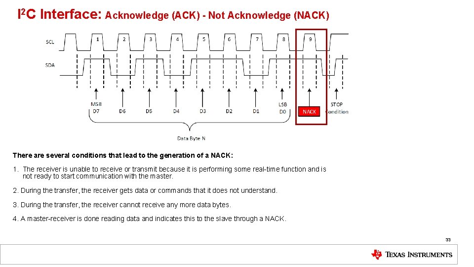 I 2 C Interface: Acknowledge (ACK) - Not Acknowledge (NACK) There are several conditions