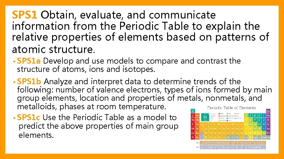 SPS 1 Obtain, evaluate, and communicate information from the Periodic Table to explain the