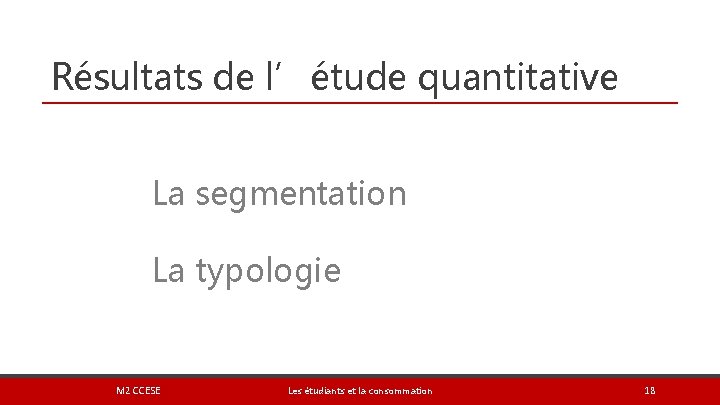 Résultats de l’étude quantitative La segmentation La typologie M 2 CCESE Les étudiants et