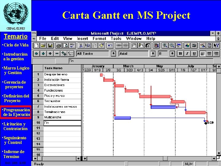 Carta Gantt en MS Project CEPAL/ILPES Temario • Ciclo de Vida • Introducción a