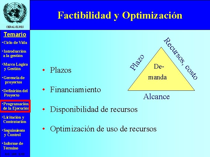 Factibilidad y Optimización CEPAL/ILPES Temario Pla • Gerencia de proyectos • Definición del Proyecto