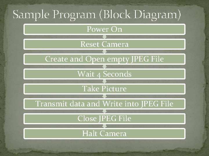 Sample Program (Block Diagram) Power On Reset Camera Create and Open empty JPEG File Sample Program (Block Diagram) Power On Reset Camera Create and Open empty JPEG File