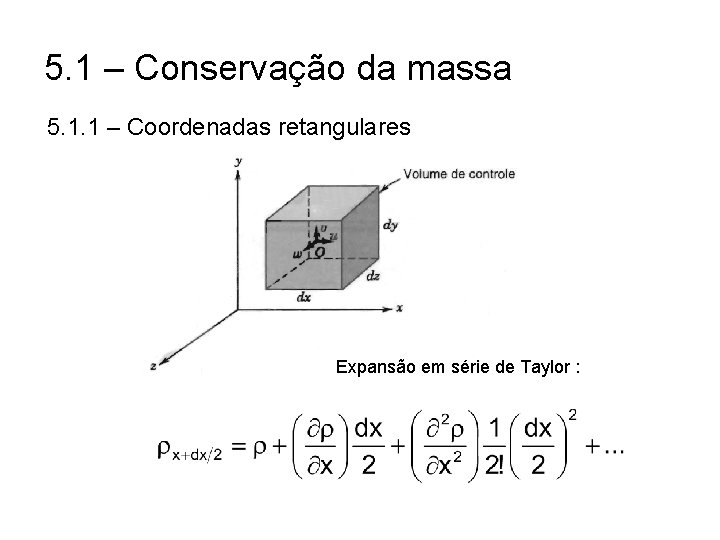 5. 1 – Conservação da massa 5. 1. 1 – Coordenadas retangulares Expansão em