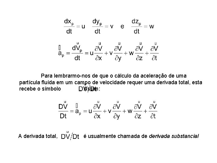 Para lembrarmo-nos de que o cálculo da aceleração de uma partícula fluída em um