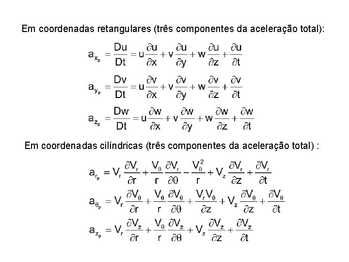 Em coordenadas retangulares (três componentes da aceleração total): Em coordenadas cilíndricas (três componentes da