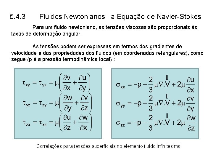 5. 4. 3 Fluidos Newtonianos : a Equação de Navier-Stokes Para um fluido newtoniano,