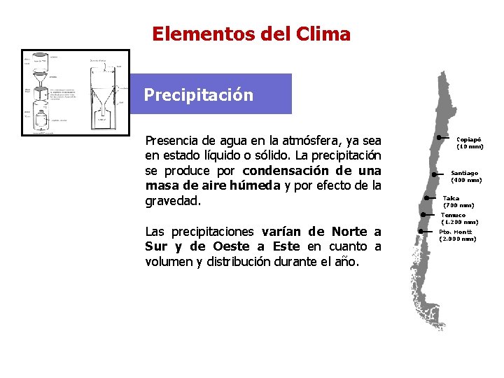 Elementos del Clima Precipitación Presencia de agua en la atmósfera, ya sea en estado