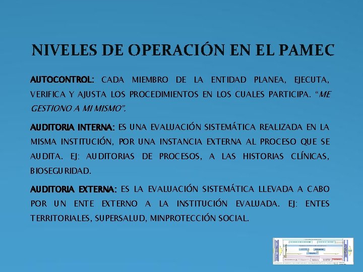 NIVELES DE OPERACIÓN EN EL PAMEC AUTOCONTROL: CADA MIEMBRO DE LA ENTIDAD PLANEA, EJECUTA, NIVELES DE OPERACIÓN EN EL PAMEC AUTOCONTROL: CADA MIEMBRO DE LA ENTIDAD PLANEA, EJECUTA,