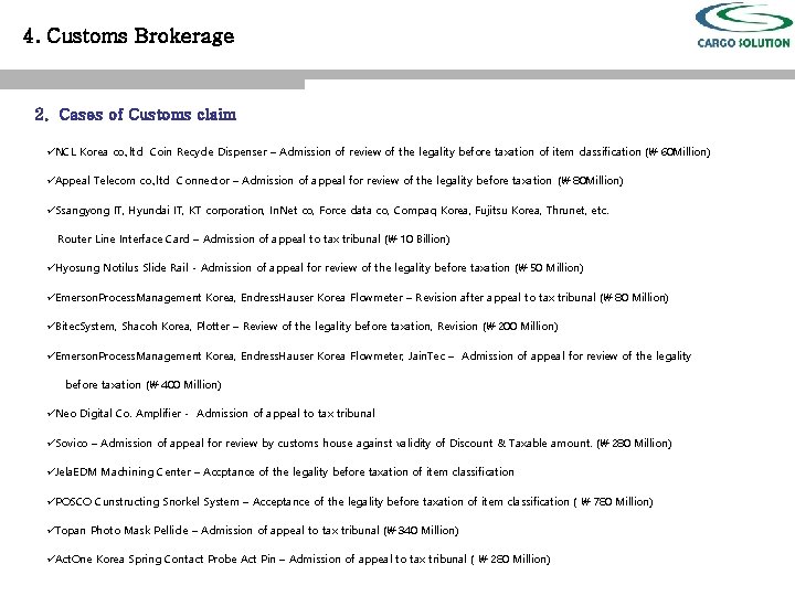 4. Customs Brokerage 2. Cases of Customs claim üNCL Korea co. , ltd Coin