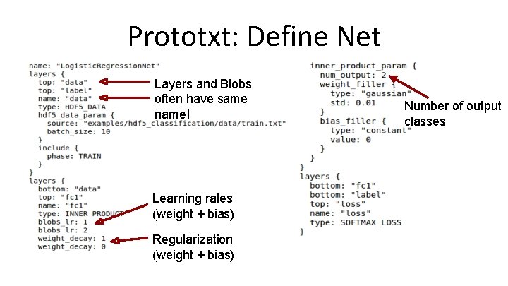 Prototxt: Define Net Layers and Blobs often have same name! Learning rates (weight +